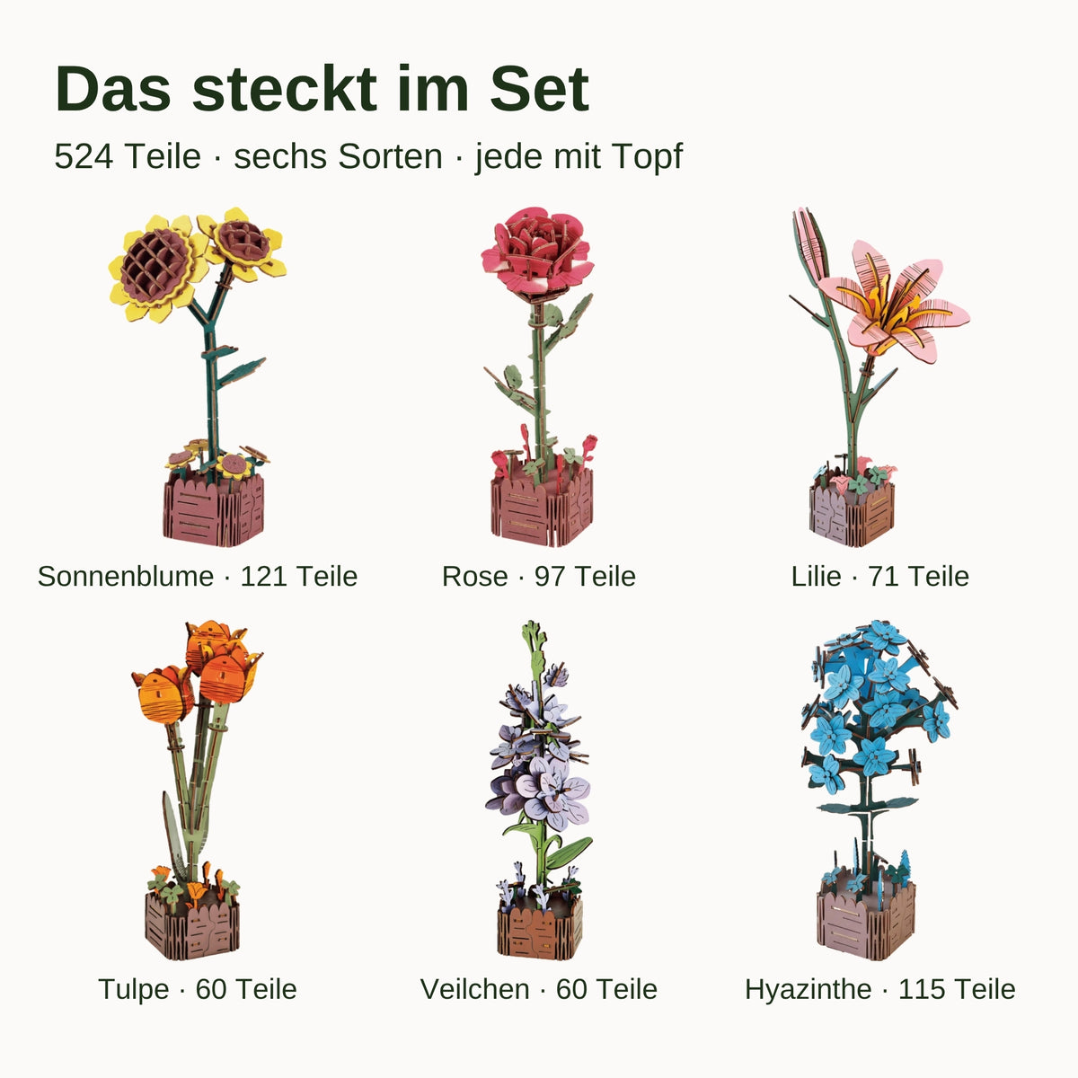 Das steckt im Set: Sonnenblume 121, Rose 97, Lilie 71, Tulpe 60, Veilchen 60, Hyazinthe 115 Teile