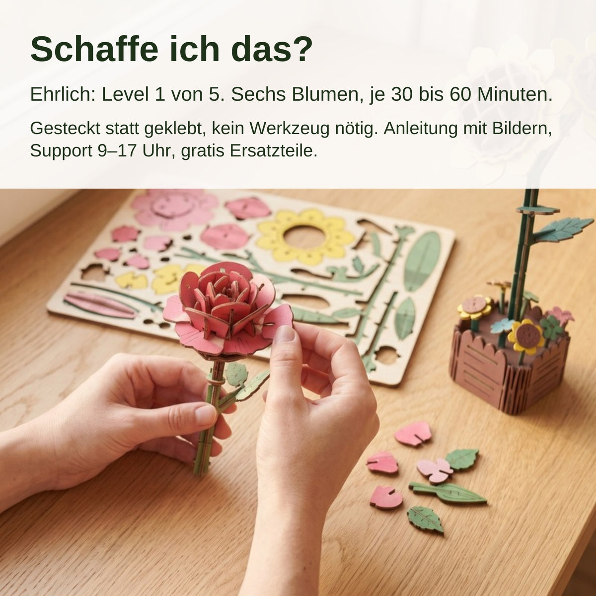 Schaffe ich das? Level 1 von 5, je Blume 30 bis 60 Minuten, gesteckt statt geklebt