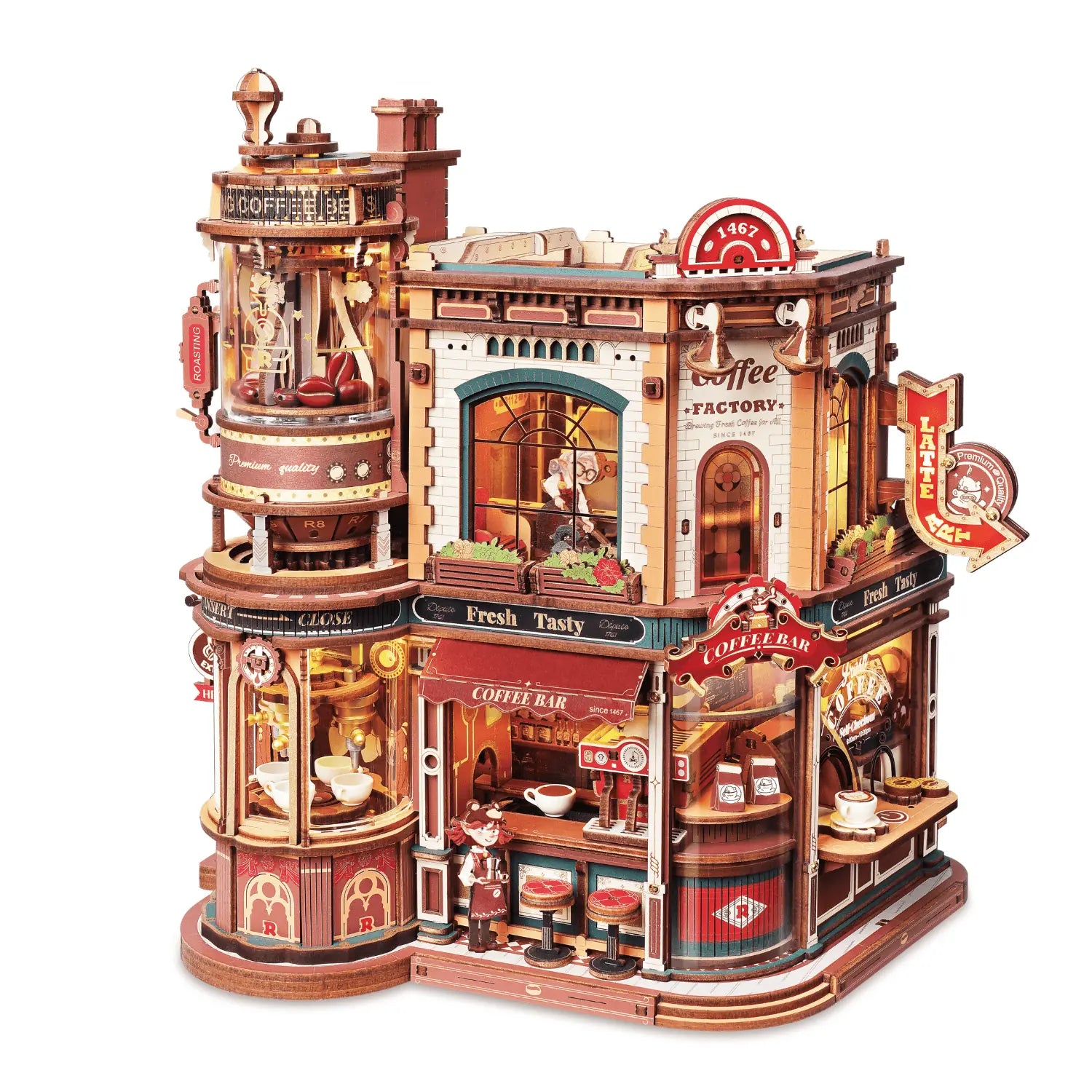Dream Coffee Factory 3D Wooden Model Kit with Lights - Mechanical Model Kit by Robotime