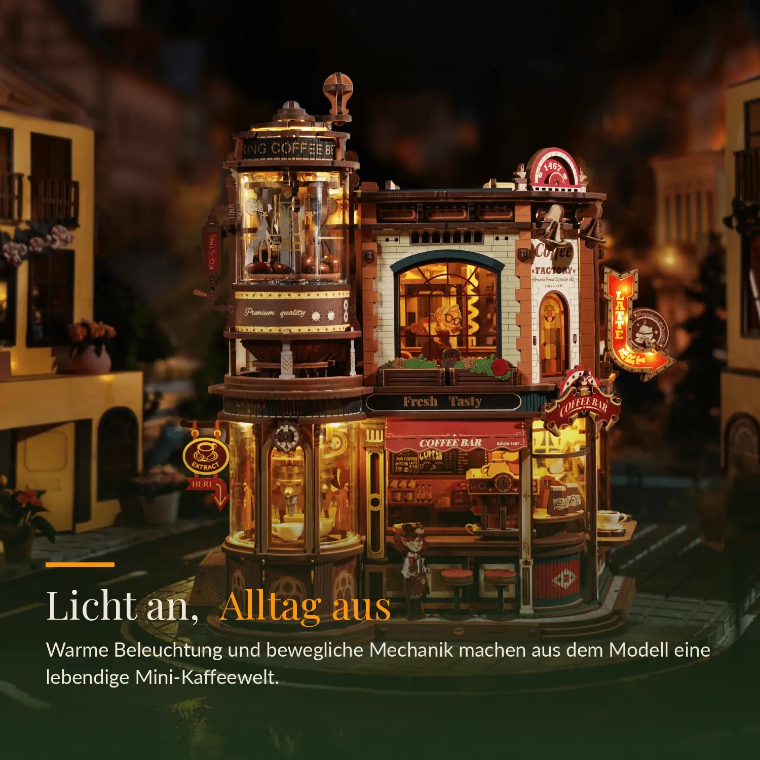 Dream Coffee Factory 3D Wooden Model Kit with Lights - Mechanical Model Kit by Robotime