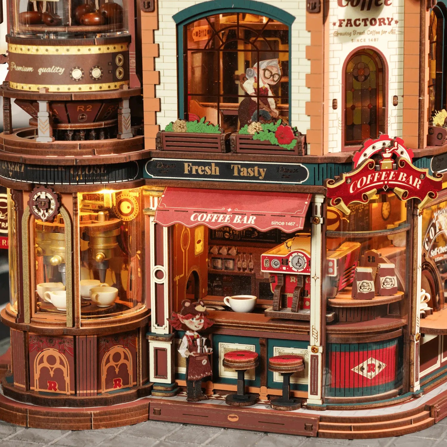 Dream Coffee Factory 3D Wooden Model Kit with Lights - Mechanical Model Kit by Robotime