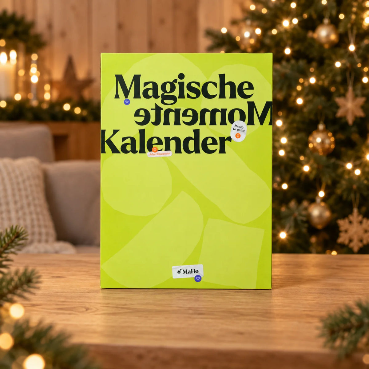 "Magical Moments" Advent Calendar by MagicHolz, closed, lime green, in front of the Christmas tree