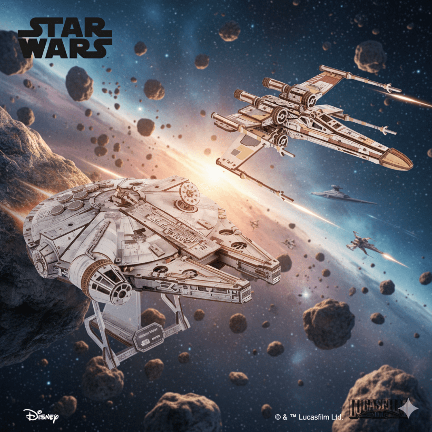 Galactic Collector's Set: X-Wing & Millennium Falcon Mechanical Wooden Puzzle Ugears