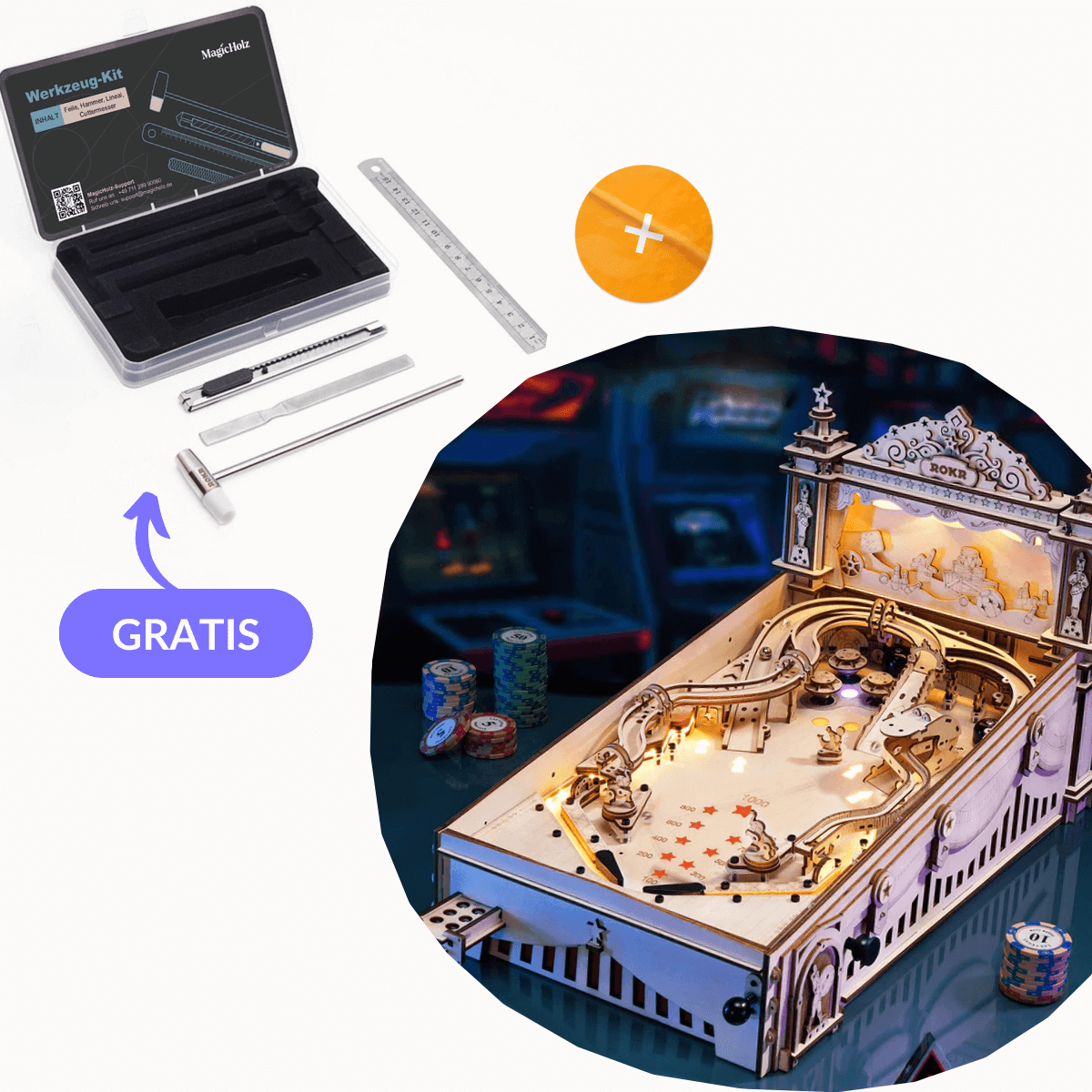 Pinball-Maschine – Mechanischer 3D-Flipper aus Holz 3D Puzzle Robotime Starter Kit | 3D Pinball + Werkzeug