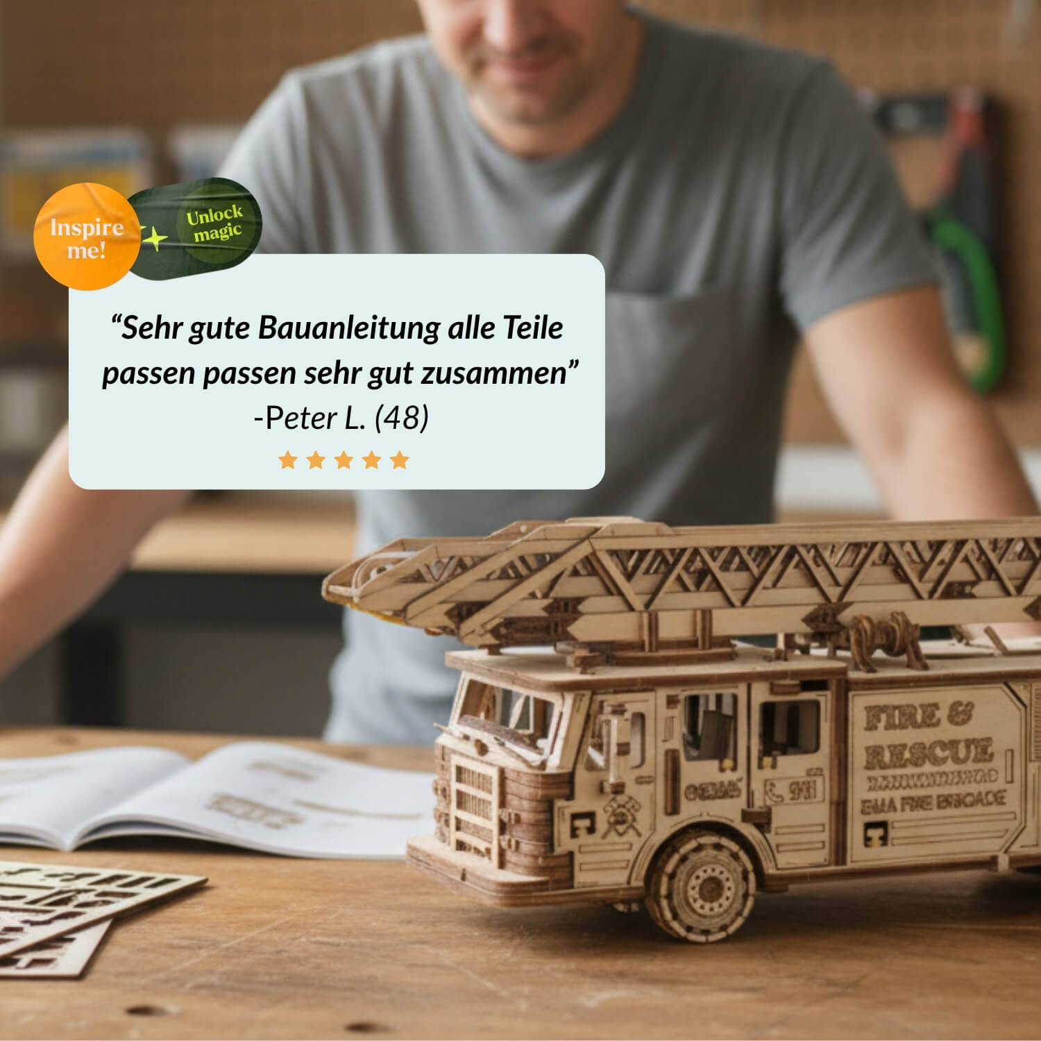 Fire Truck Starter Set Mechanical Wooden Puzzle Eco-Wood-Art