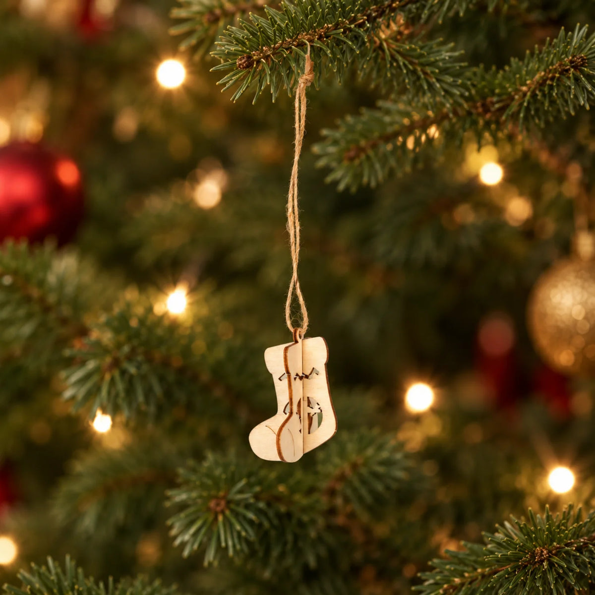 Boot-shaped wooden ornaments from the Advent calendar on the Christmas tree