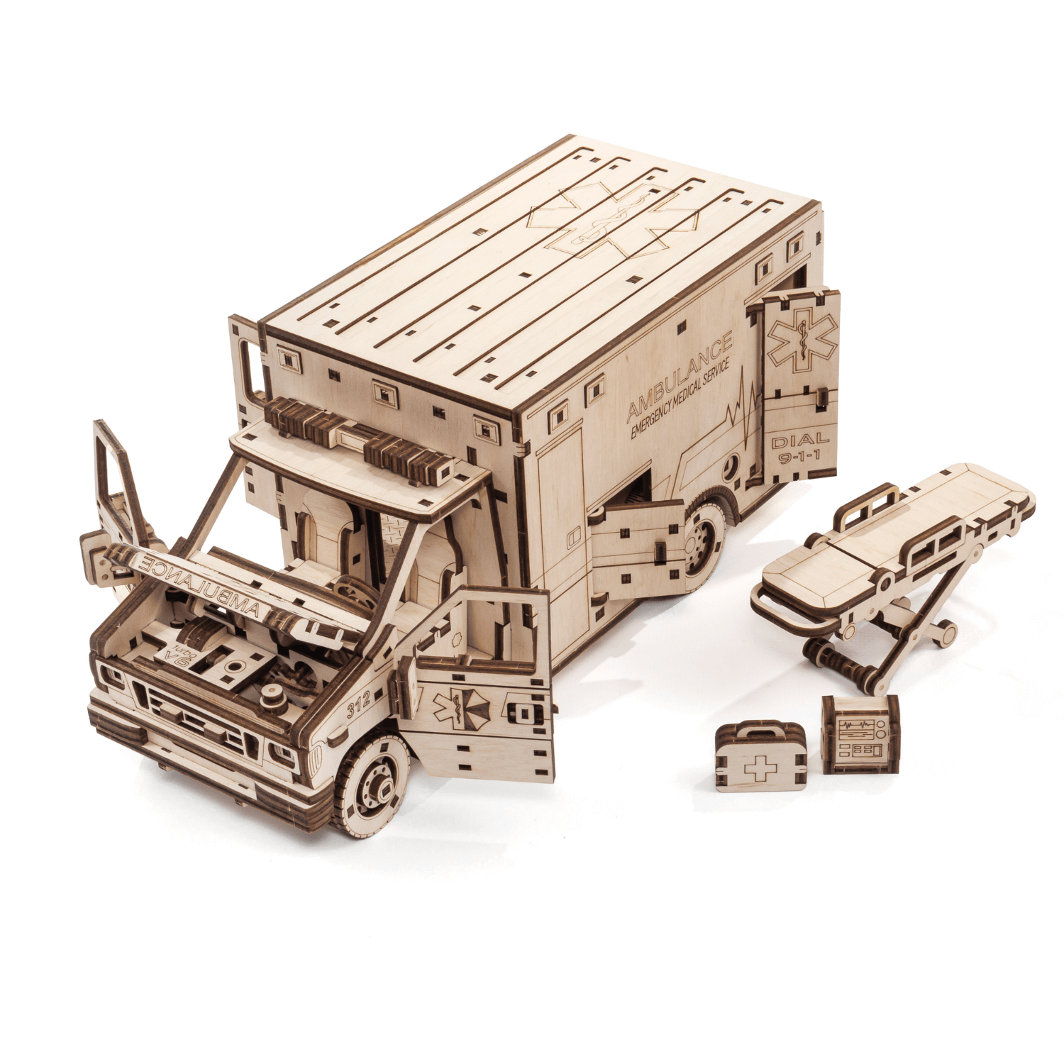 Ambulance Mechanische houten puzzel Eco-Wood-Art