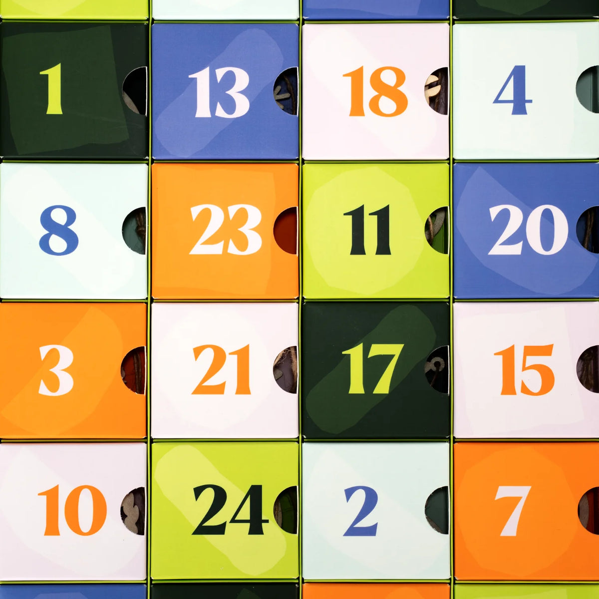 Close-up of the numbered doors in green, blue, orange, and white