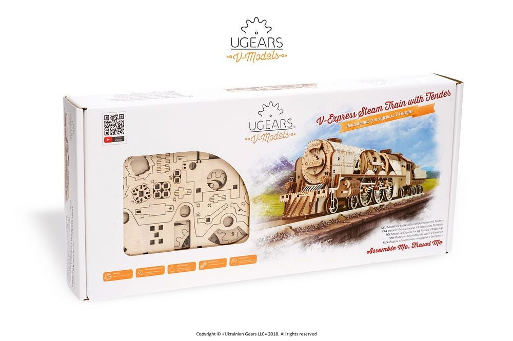 V-Express steam locomotive with tender Mechanical wooden puzzle Ugears