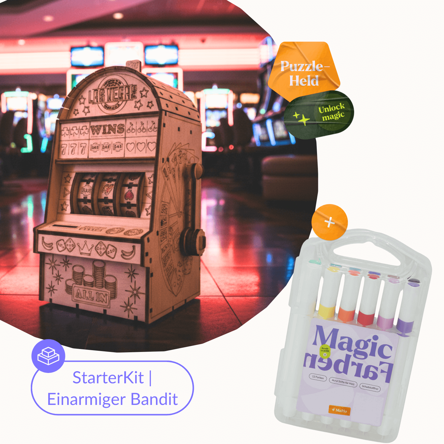 Eenarmige bandiet Mechanische houten puzzel Eco-Wood-Art StarterKit | Eenarmige bandiet + MagicFarben