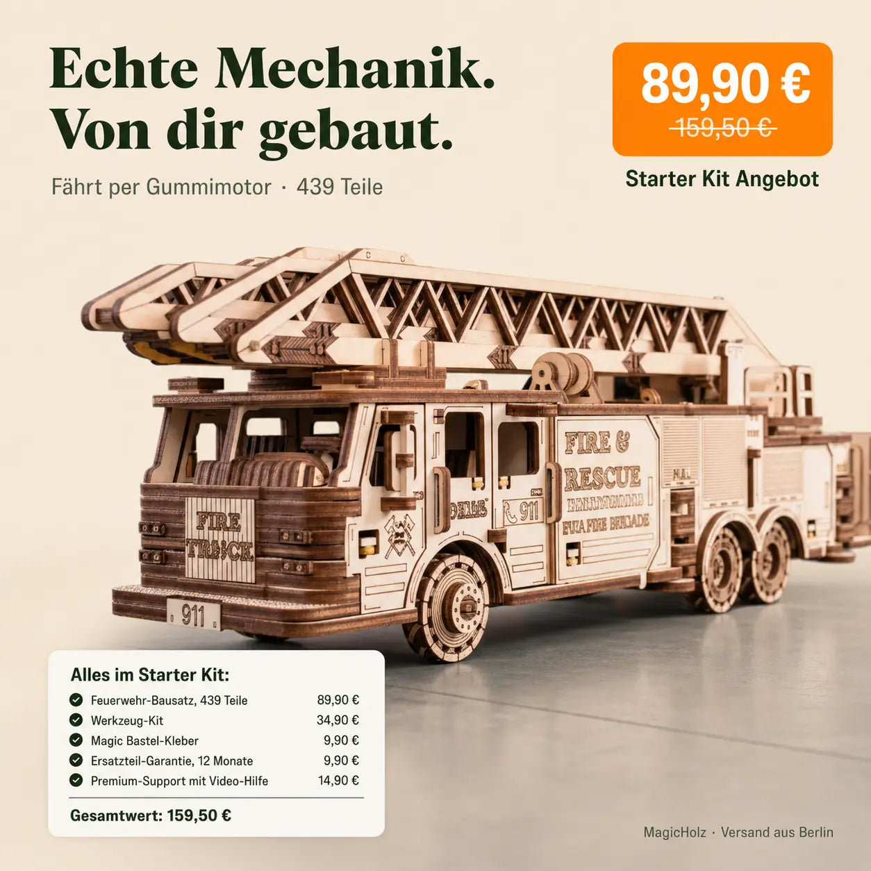 Brandweerwagen-startpakket Mechanische bouwset Eco-Wood-Art