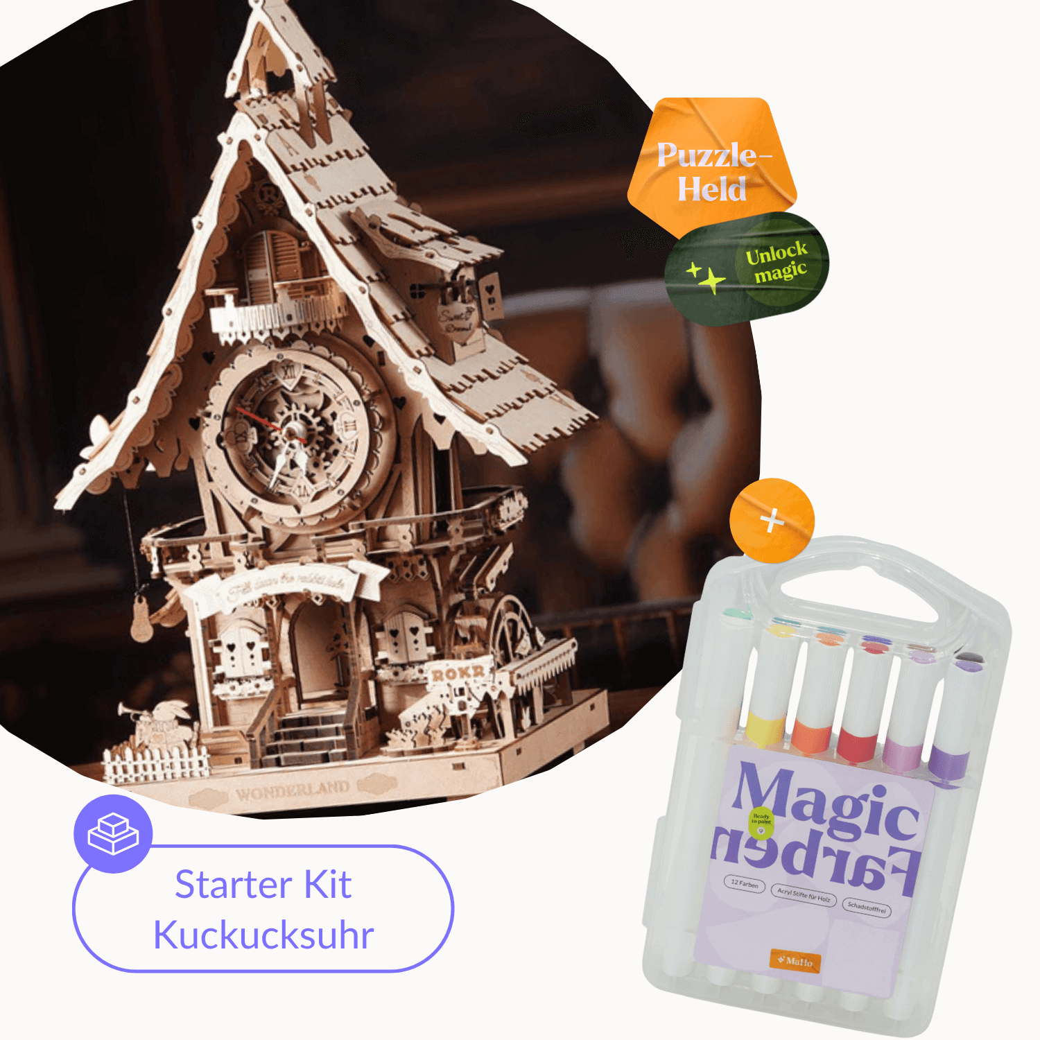 Kuckucksuhr | Farblos | 3D-Holzpuzzle