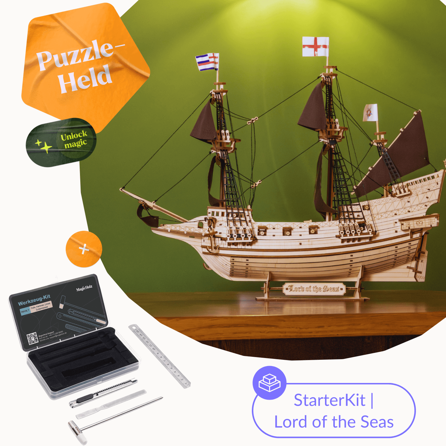 Lord of the Seas I Zeilschip Mechanische houten puzzel Eco-Wood-Art StarterKit | Lord of the Seas + gereedschapsset