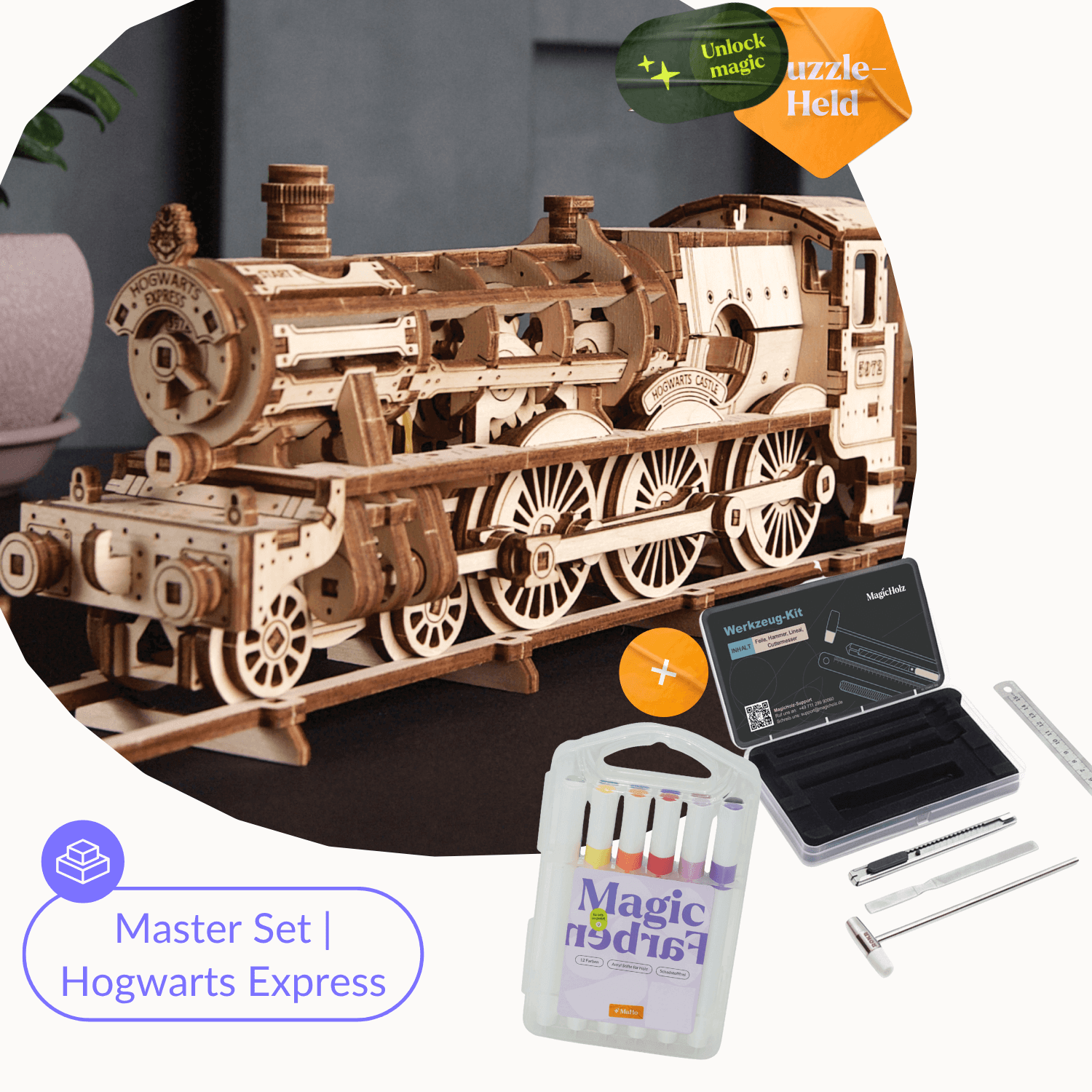 Hogwarts Express™ Starter-Set | Harry Potter 💫 Mechanisches Holzpuzzle Ugears Master Set | Hogwarts Express + Werkzeug + Farben