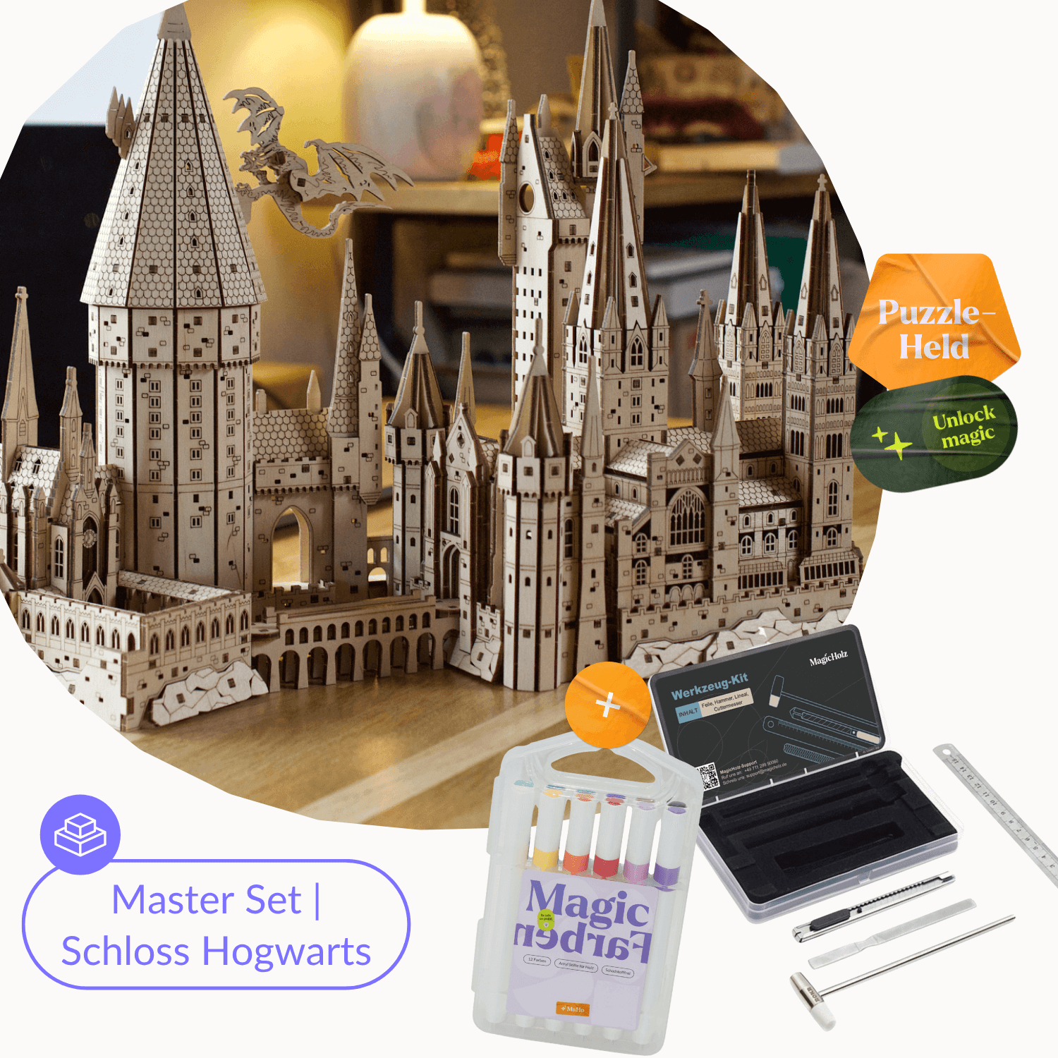 Harry Potter™ | The Castle Starter Pack 💫 Mechanisches Holzpuzzle MagicHolz Master Kit | Hogwarts + Werkzeug + Farben