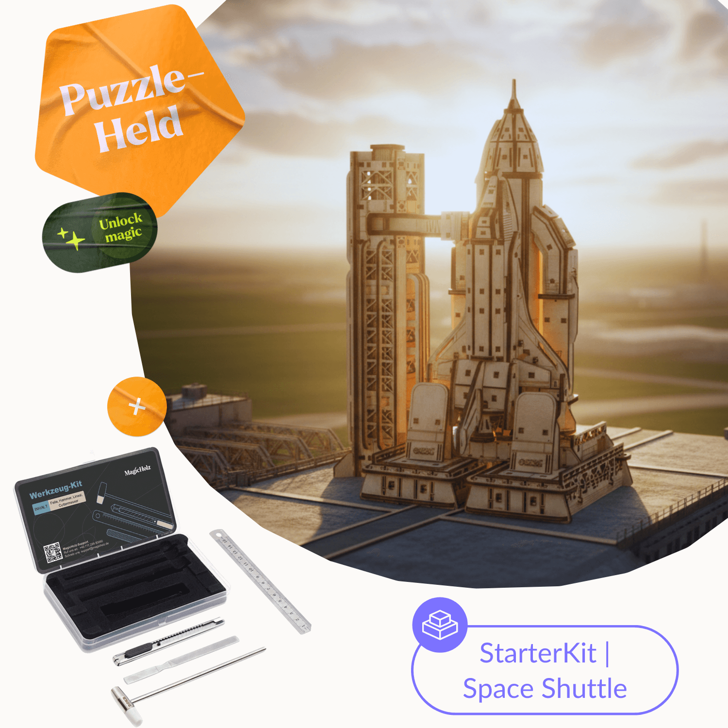 Space Shuttle Mechanische houten puzzel Eco-Wood-Art StarterKit | Space Shuttle + gereedschapsset