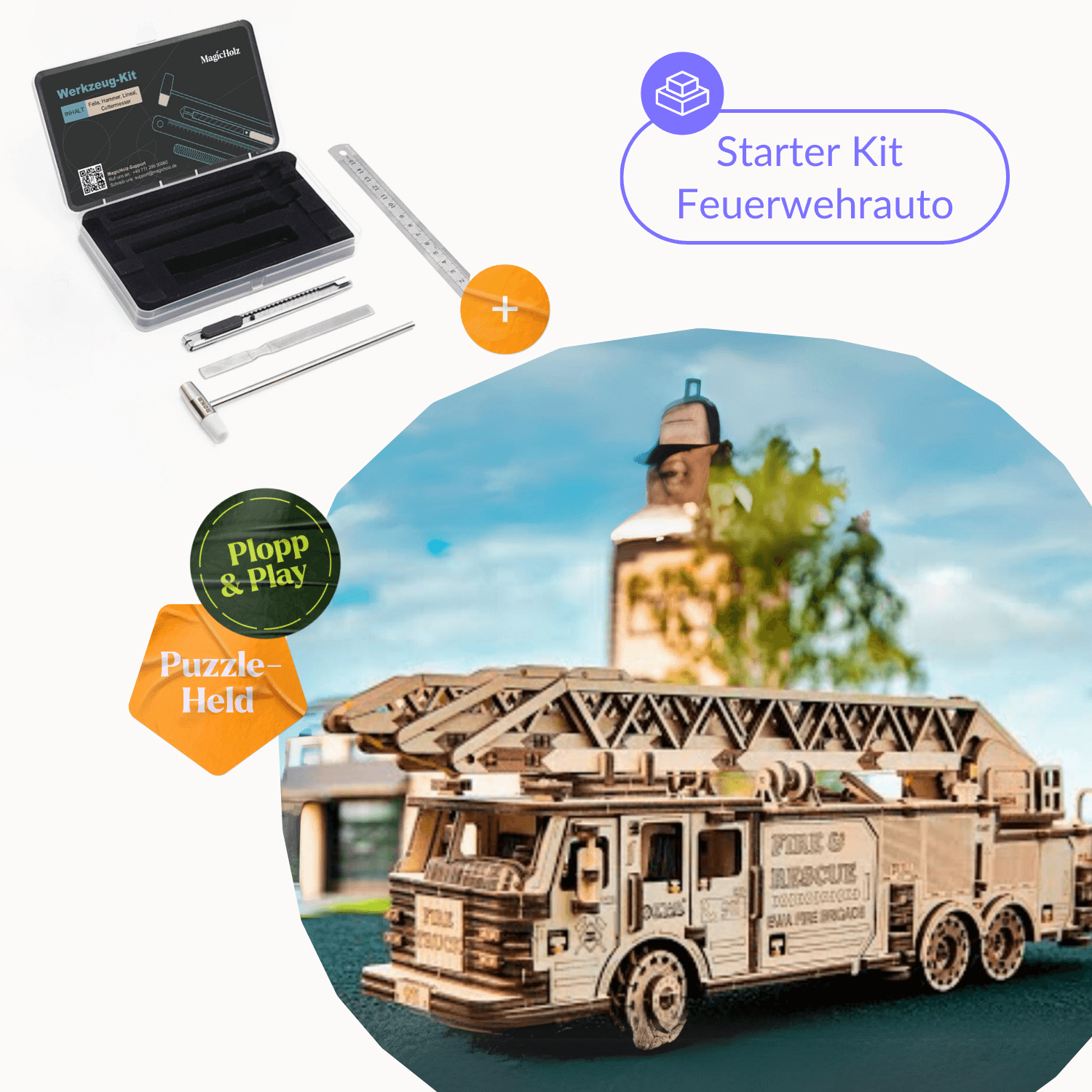 Feuerwehr – Dein Einsatzfahrzeug aus Holz Mechanisches Holzpuzzle Eco-Wood-Art Starter Kit | Feuerwehrauto + Werkzeugset