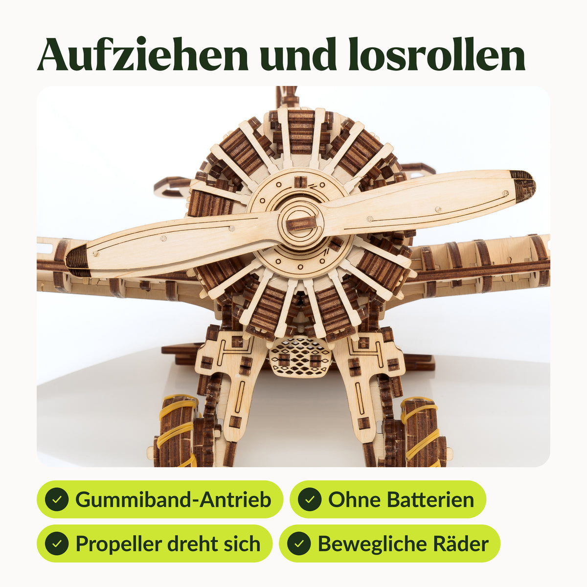 Mechanical airplane, propeller, and radial engine viewed from the front, with a rubber band wind-up mechanism and no batteries