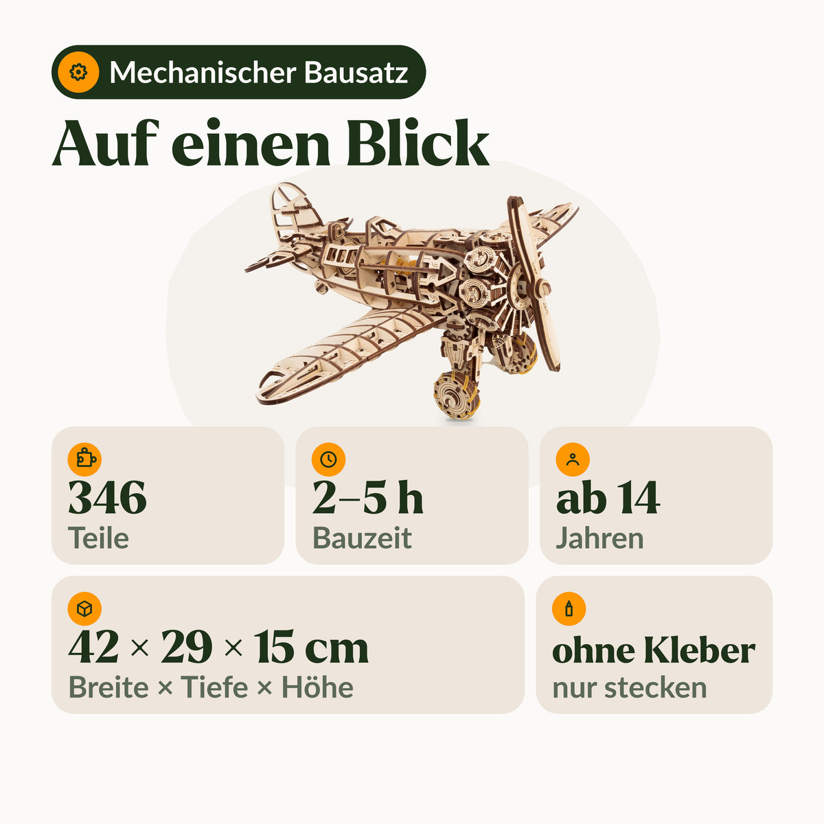 Mechanical Airplane, Overview with 346 pieces, 2 to 5 hours of assembly time, ages 14 and up, and 42 × 29 × 15 cm