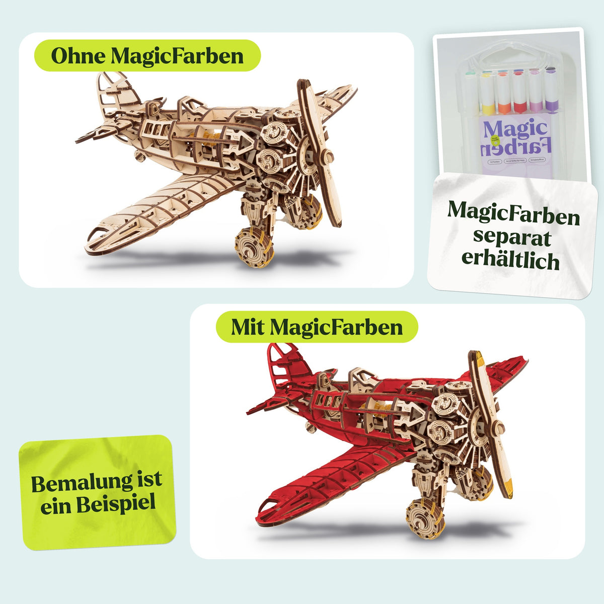 Mechanical airplane, natural wood model painted red with MagicFarben as an example; MagicFarben sold separately