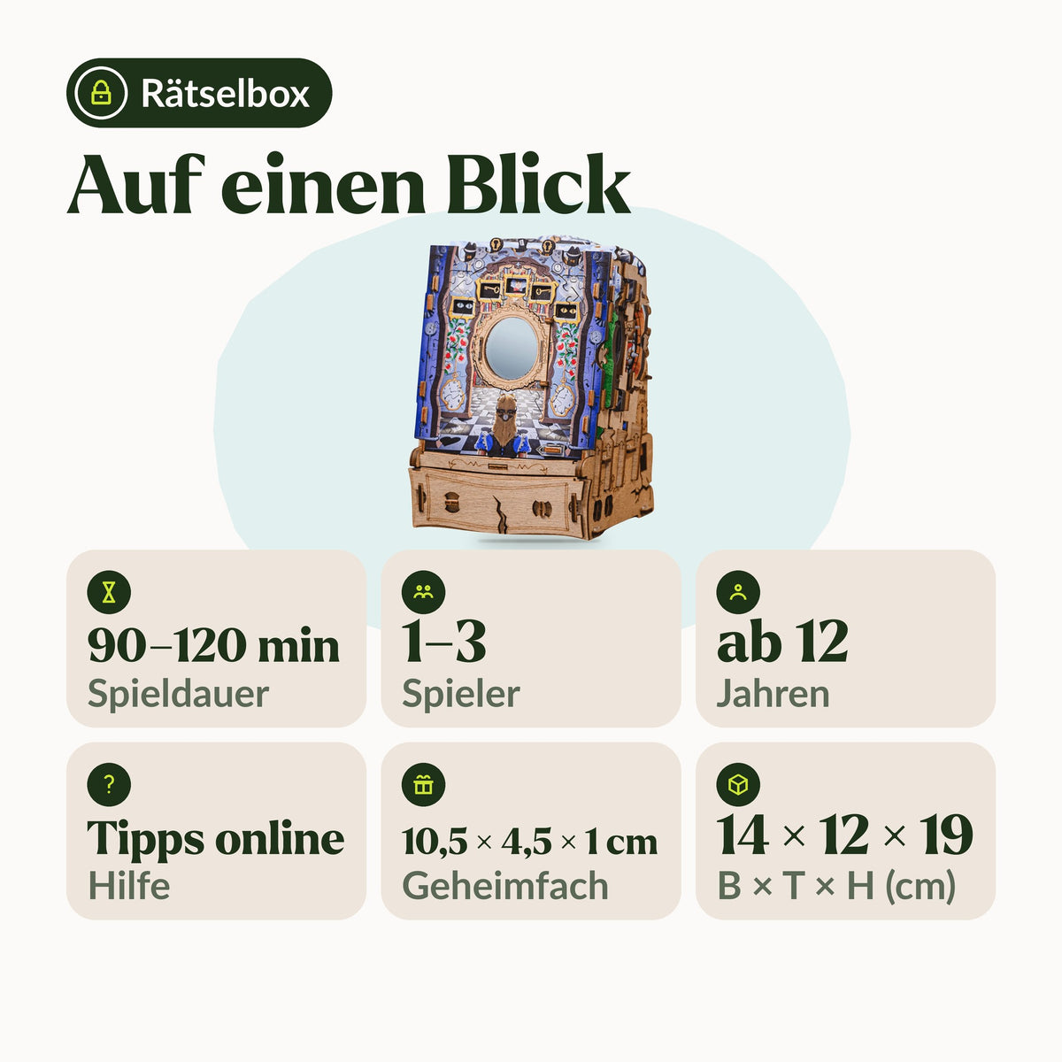Wonderbox of Alice in een oogopslag: 90 tot 120 minuten, 1 tot 3 spelers, vanaf 12 jaar, tips online, geheim vakje