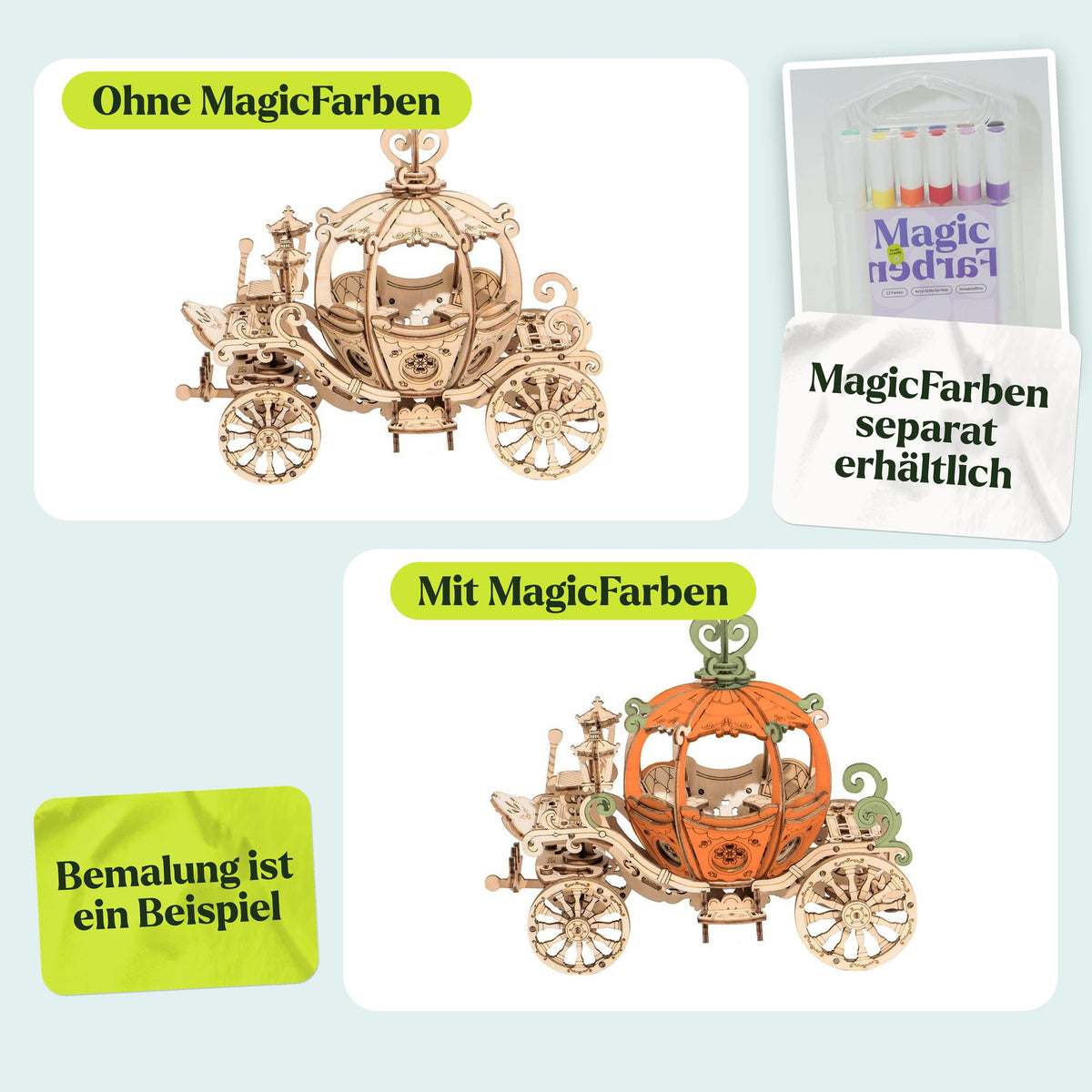 Houten bouwpakket van de koets van Assepoester, in natuurlijke kleur en als voorbeeld beschilderd met Magic-verf (Magic-verf apart verkrijgbaar)