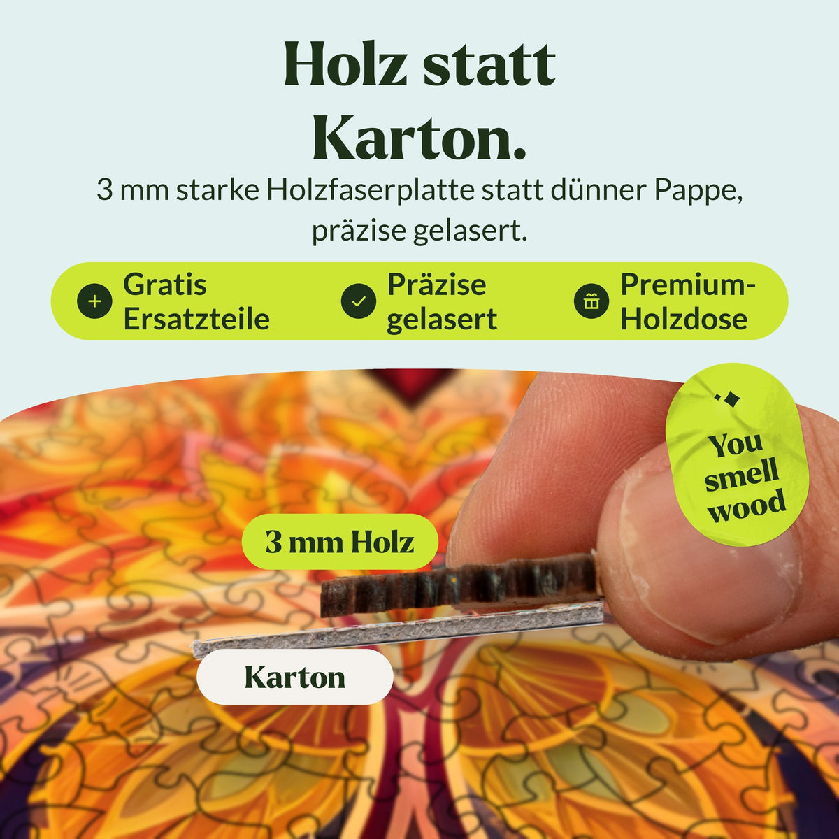 Blühendes Herz Mandala Holzpuzzle, Holz statt Karton: 3 mm starkes, gelasertes Holzteil im Profil über dünnem Pappteil