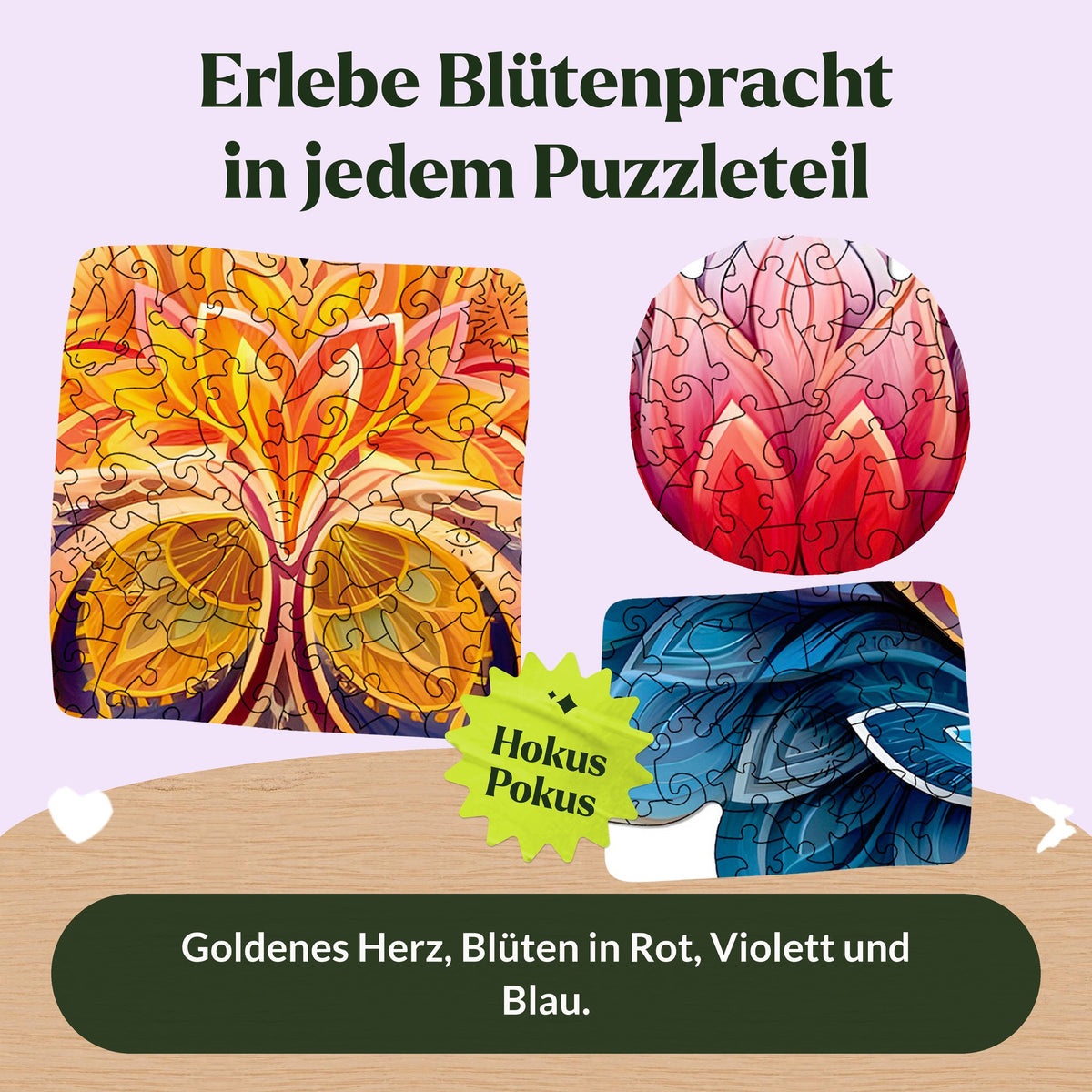 Blühendes Herz Mandala Holzpuzzle, Motivdetails mit goldenem Herz, roten Blütenblättern und blauen Blättern