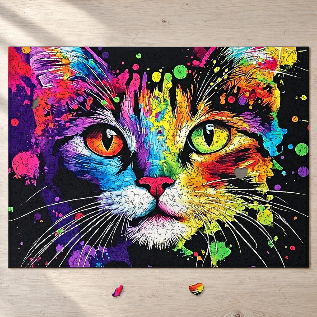 Puzzle en bois « Chat coloré », presque terminé sur une table en frêne clair, avec devant un chat et un cœur comme pièces du puzzle