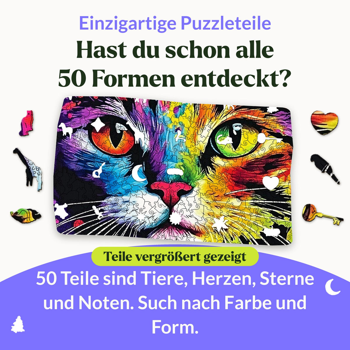 Puzzle en bois « Chat coloré », 50 pièces représentant notamment un chat, une girafe, un poisson, un cœur, un perroquet et une clé