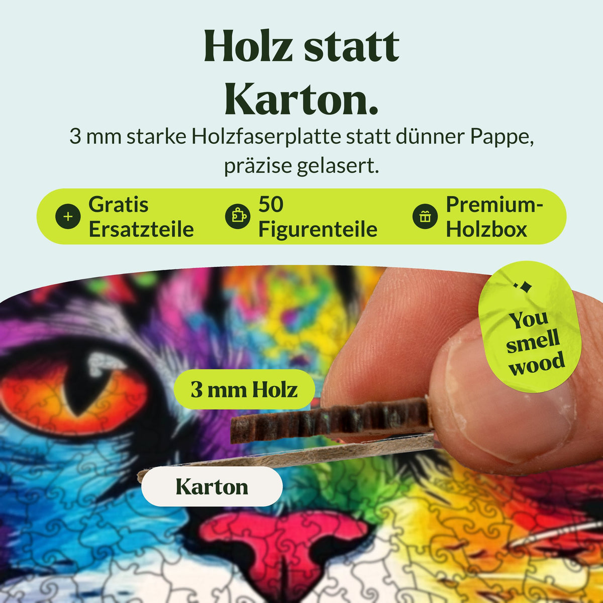 Puzzle en bois « Chat coloré » : du bois à la place du carton : une pièce en bois découpée au laser de 3 mm d'épaisseur, profilée, posée sur une fine pièce en carton