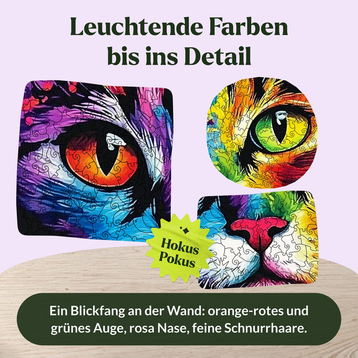 Puzzle en bois « Chat coloré », détails du motif : yeux orange-rouge et verts, nez rose et moustaches
