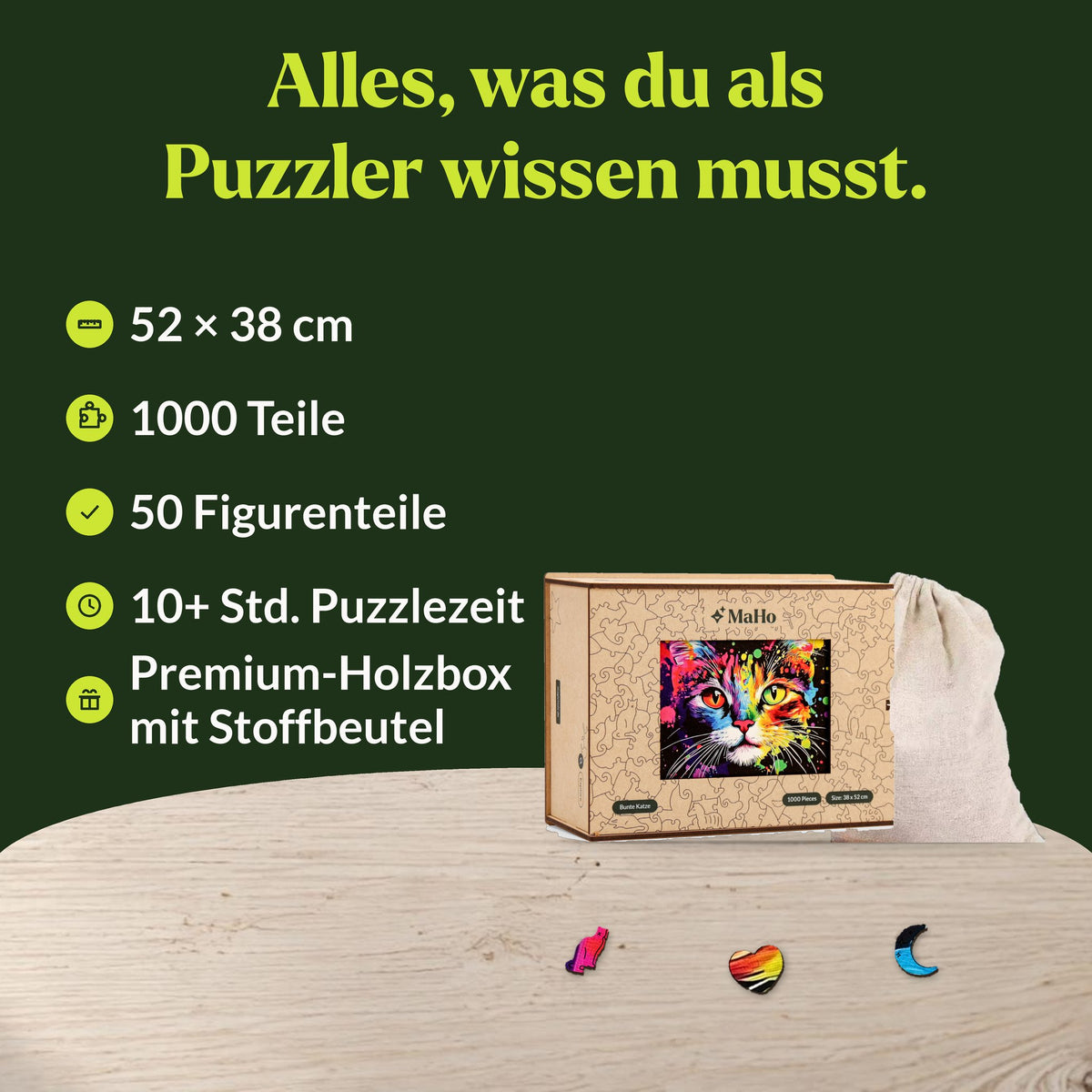 Puzzle en bois « Chat coloré », 52 x 38 cm, 1 000 pièces, 50 pièces en forme de personnages, 10 heures et plus, coffret en bois haut de gamme avec pochette en tissu