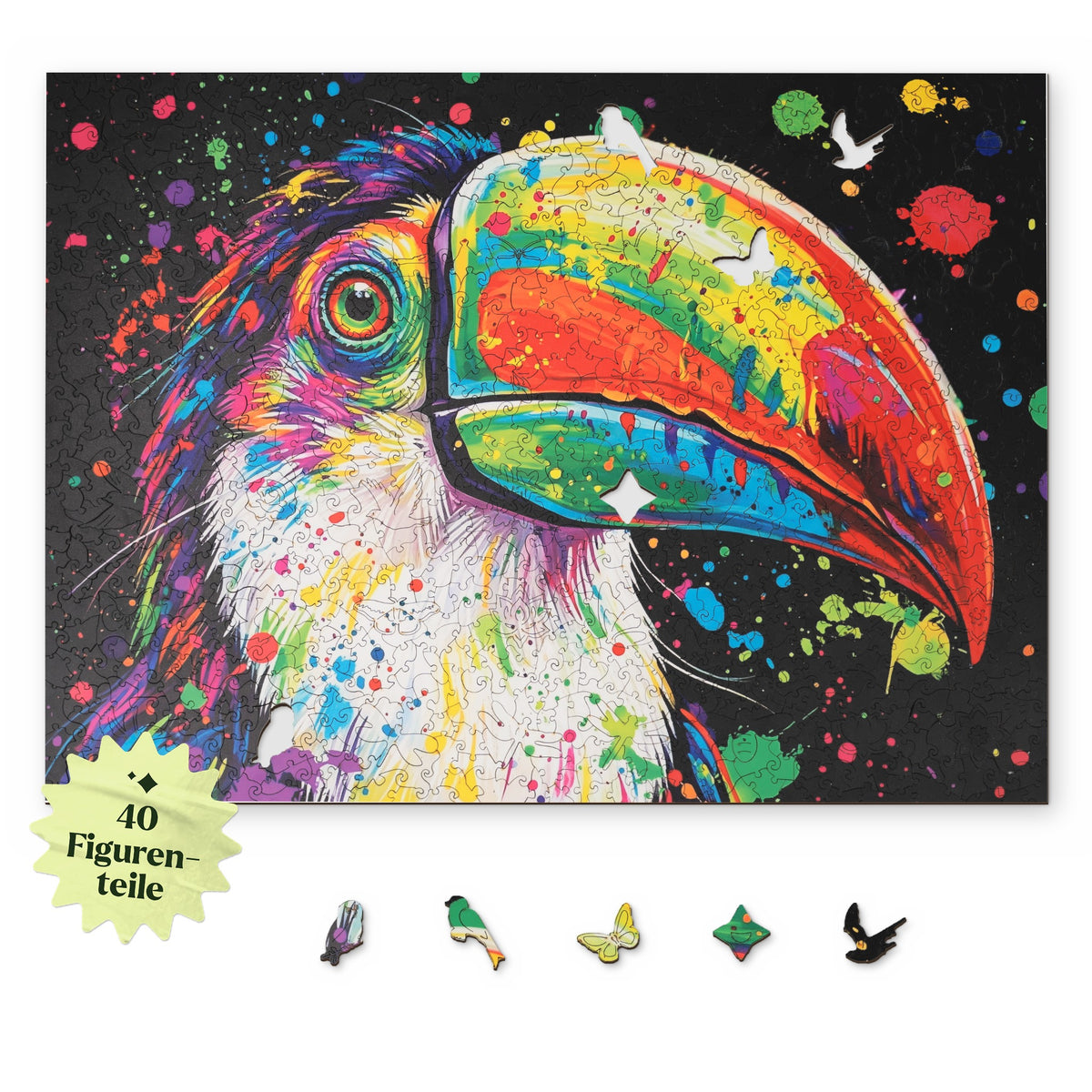 Colorful Toucan Wooden Puzzle, with a top-view design on a white background, featuring figure pieces such as an owl, a bird, and a butterfly below
