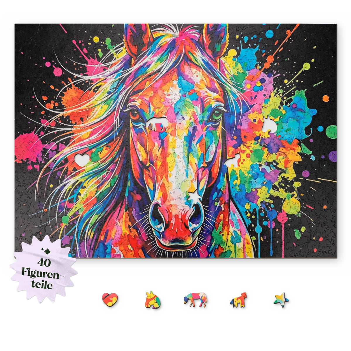 Colorful Horse Wooden Puzzle, with a top view on a white background, and below it puzzle pieces such as a heart, a horse's head, and a horse grazing