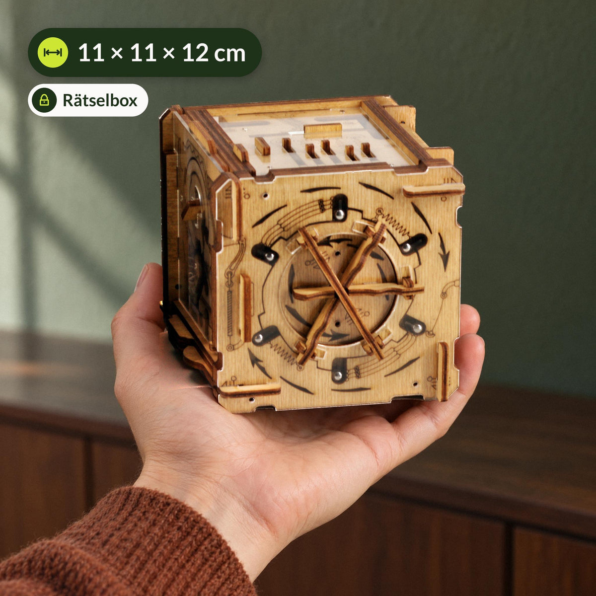 Cluebox Cambridge Labyrinth-puzzelbox, past in je handpalm, afmetingen 11 × 11 × 12 cm