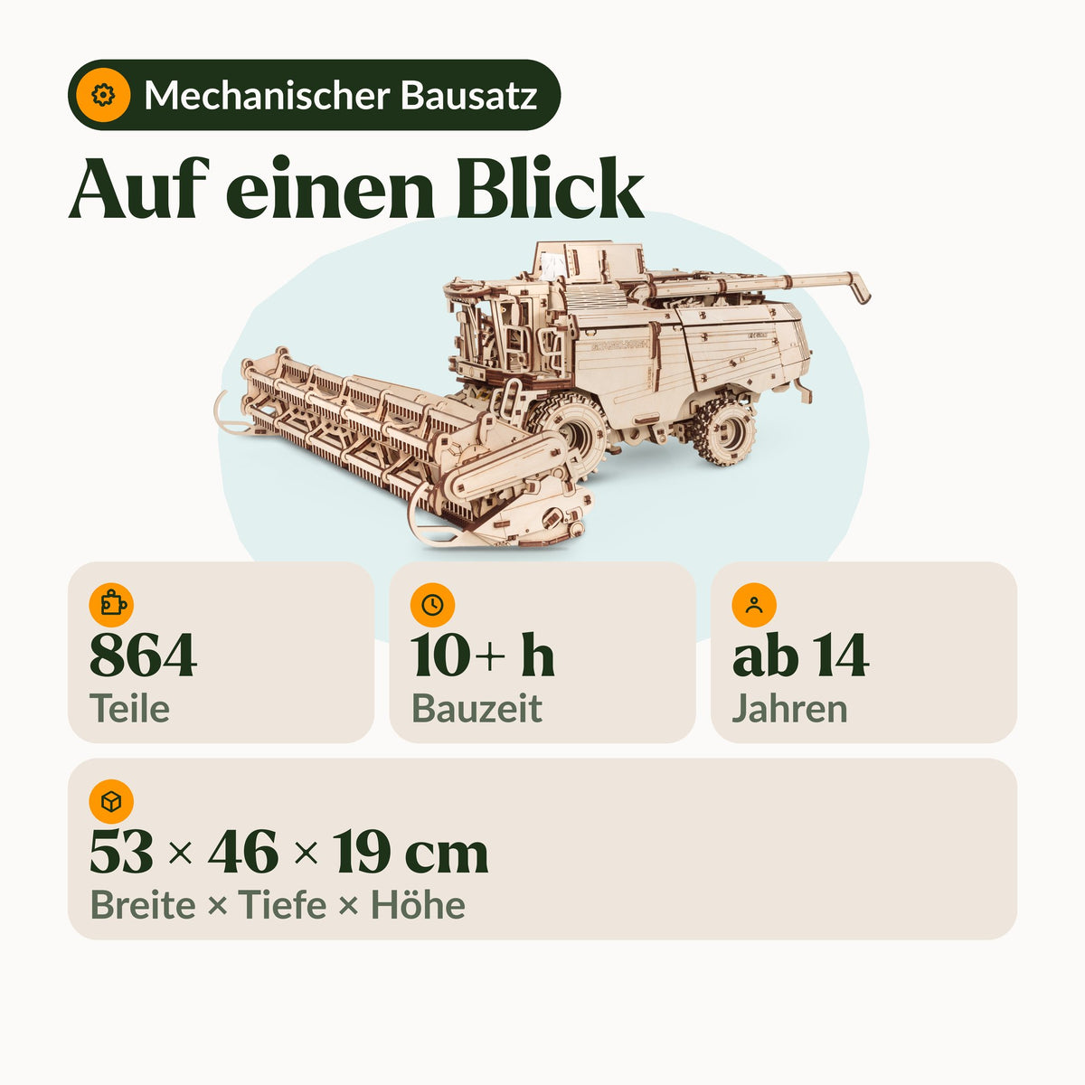 Mähdrescher mit Schneidbalken, Kennzahlen: 864 Teile, 10+ Stunden Bauzeit, ab 14 Jahren, 53 x 46 x 19 cm