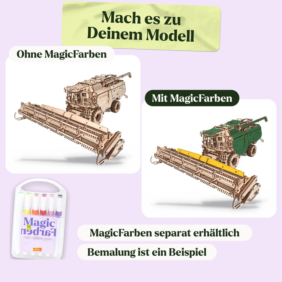 Mähdrescher mit Schneidbalken, naturbelassen und beispielhaft mit MagicFarben in Grün und Gelb bemalt, MagicFarben separat