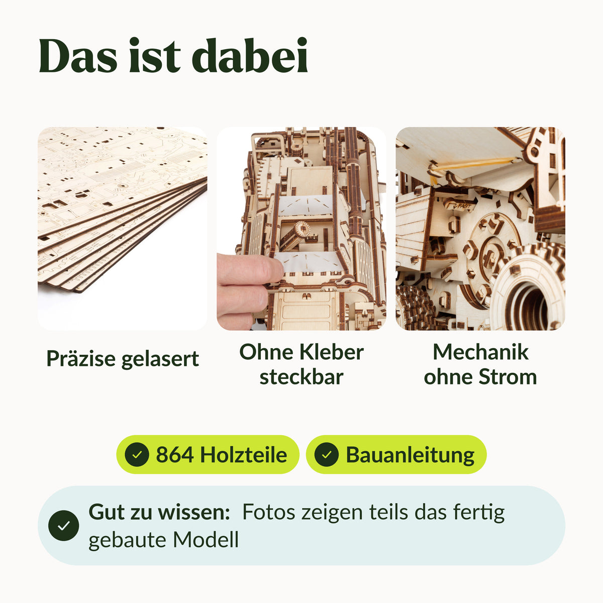 Mähdrescher mit Schneidbalken, Lieferumfang: 864 gelaserte Holzteile und Bauanleitung, Fotos von Platten und Mechanik