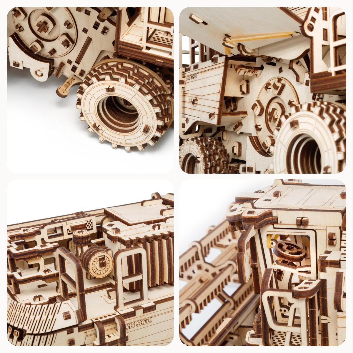Mähdrescher mit Schneidbalken, vier Nahaufnahmen von Rädern, Getriebe, Kabine und Mechanik des gebauten Holzmodells