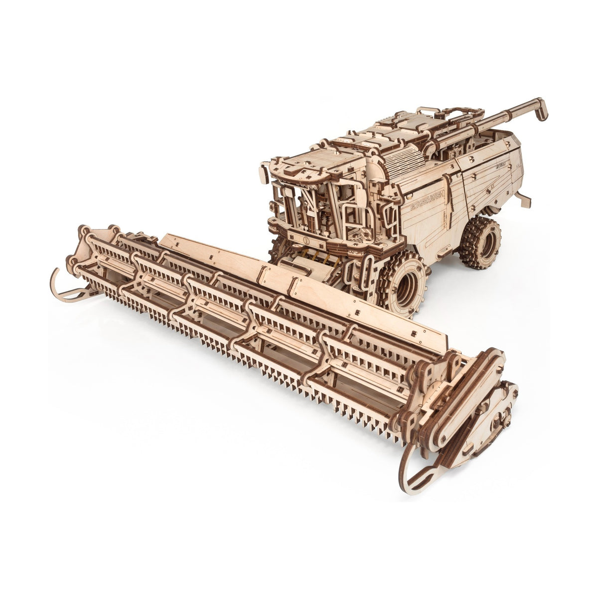 Combine harvester with cutter bar, cutout wooden model viewed at an angle from the front right with the cutting mechanism on a white background