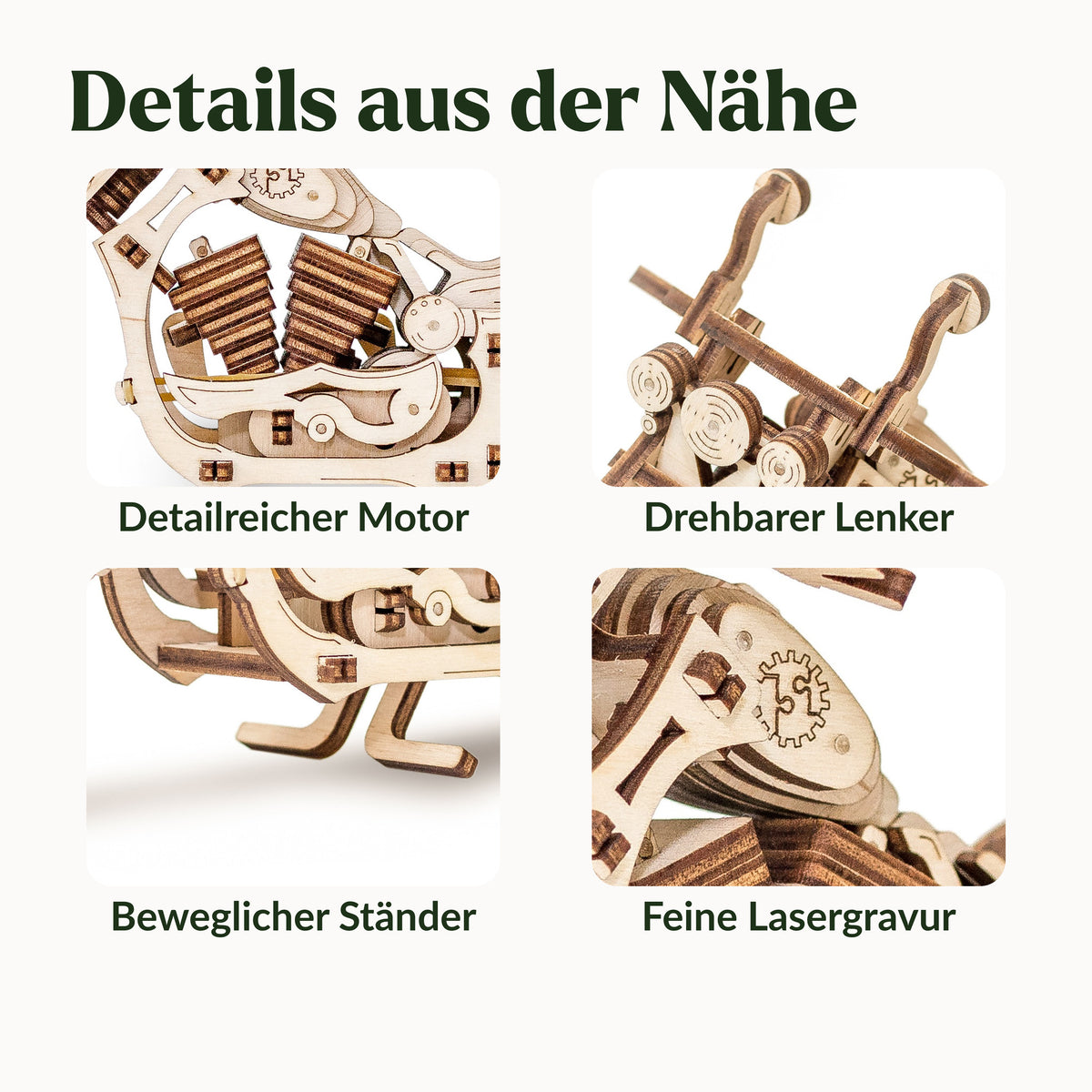 Cruiserfiets, vier detailfoto’s: gedetailleerde motor, draaibaar stuur, beweegbare standaard en fraaie lasergravure