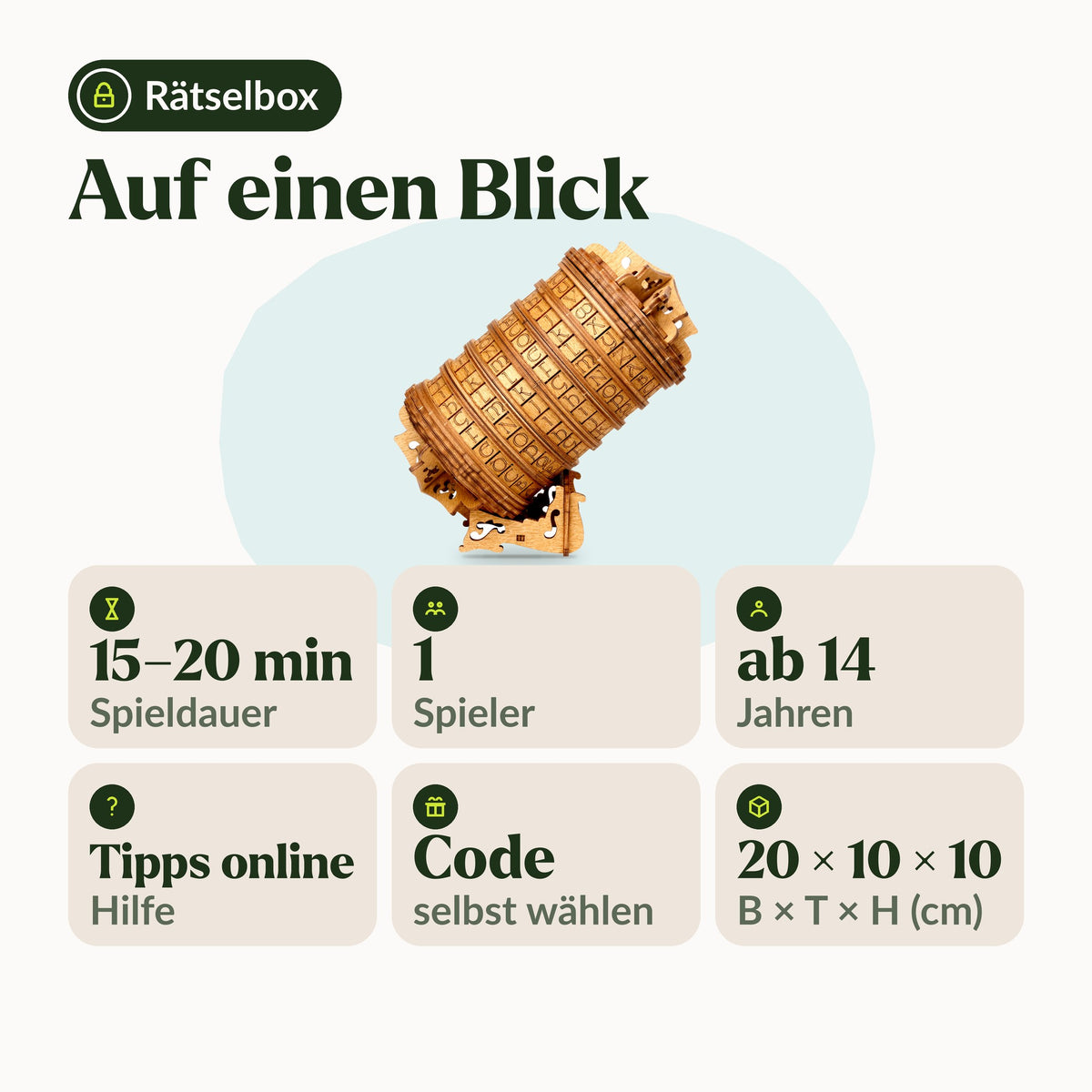Cryptex Rätselbox auf einen Blick: 15 bis 20 Minuten, 1 Spieler, ab 14 Jahren, Tipps online, eigener Code