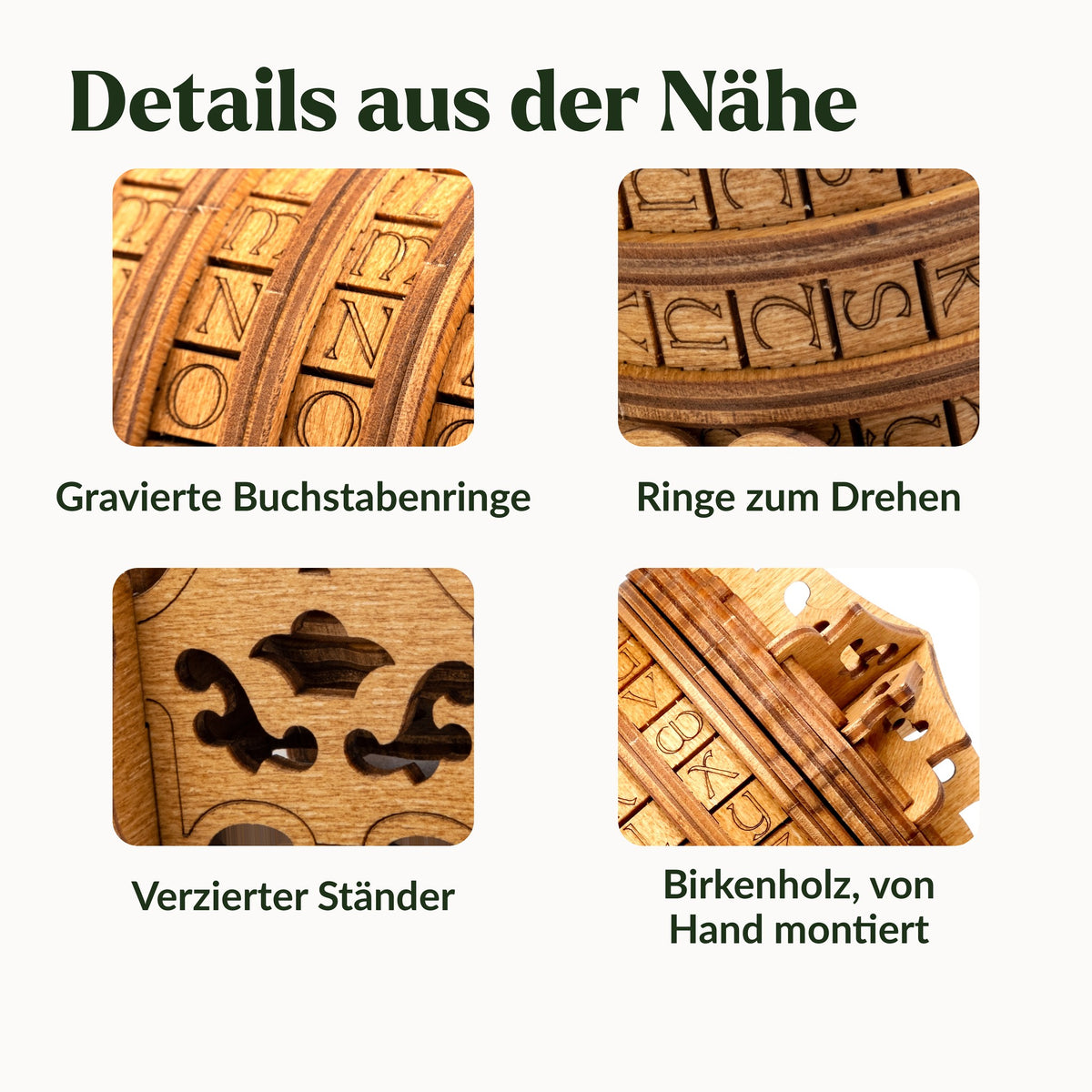 Cryptex Rätselbox im Detail: gravierte Buchstabenringe, drehbare Ringe, verzierter Ständer aus Birkenholz