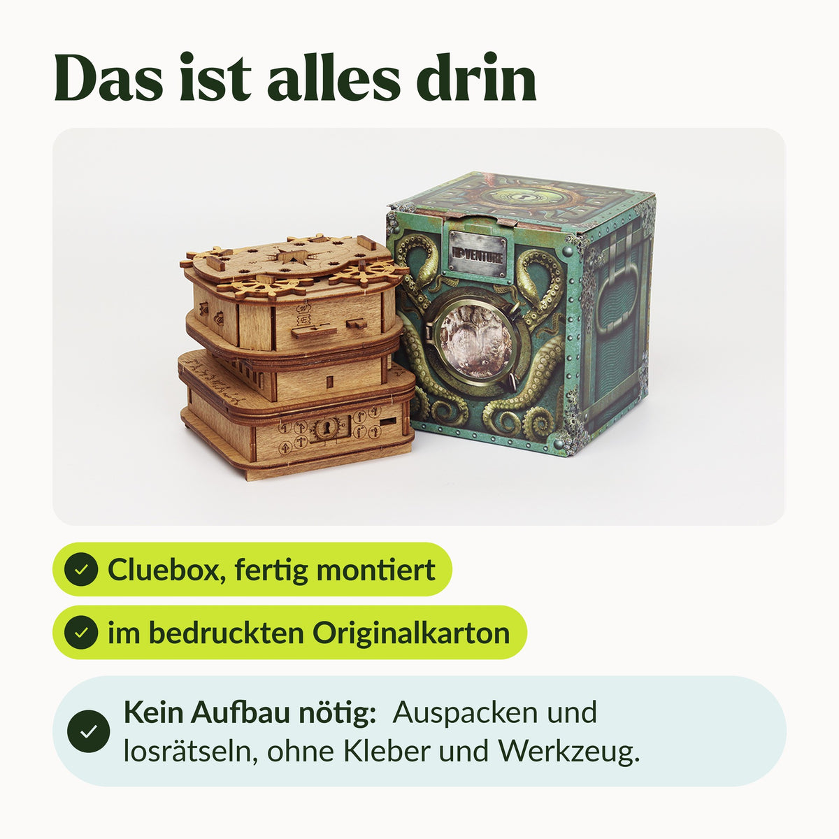 Cluebox Davy Jones Package Contents: Fully assembled " Riddle Box " in the original printed box