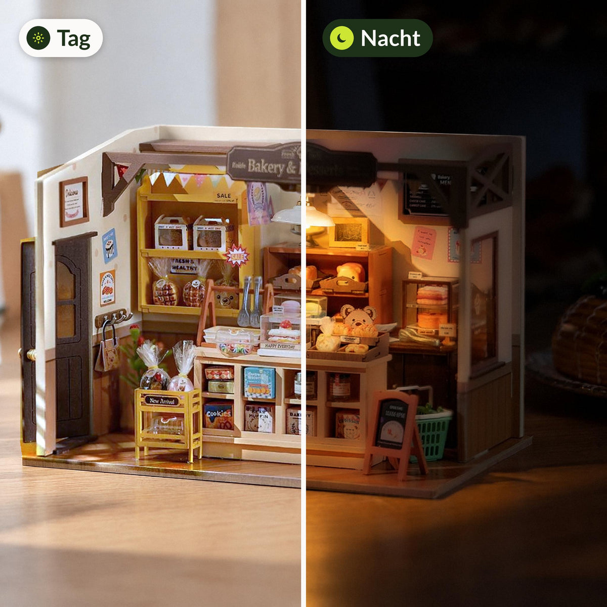 Becka’s Baking House (Bakery) Miniature House: on the left in daylight without lighting; on the right at night with LED ceiling light