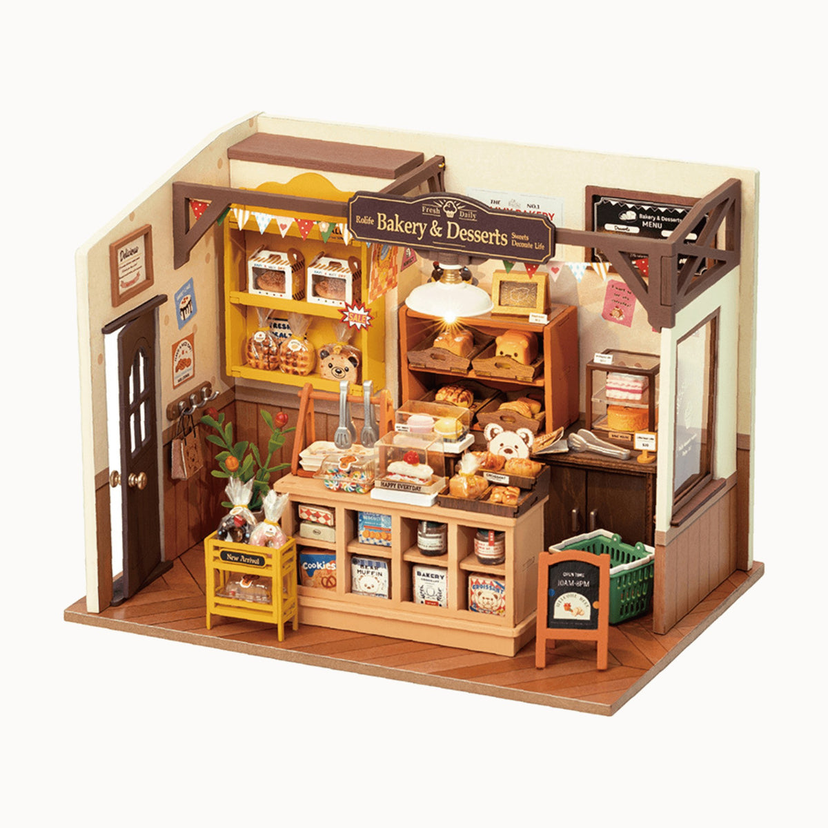 Becka’s Baking House (Bakery) Miniature House, fully assembled and isolated on a light-colored background