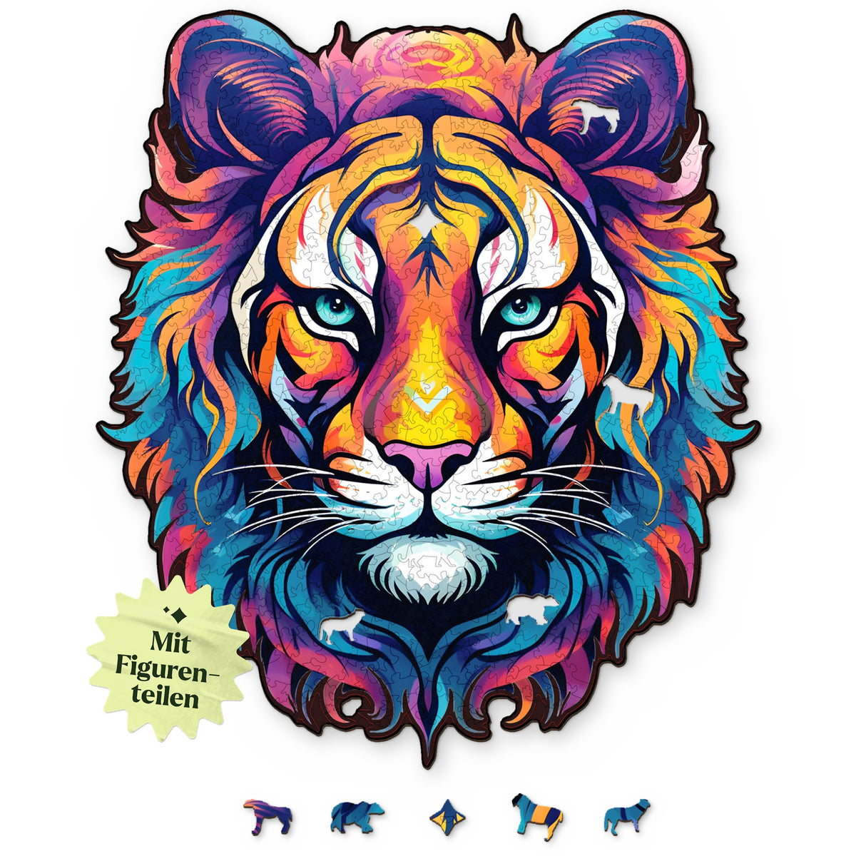 De majestueuze houten puzzel met een tijger, een tijgerkop van bovenaf op een witte achtergrond, met daaronder stukjes in de vorm van dieren zoals een cheeta, een beer en een wolf