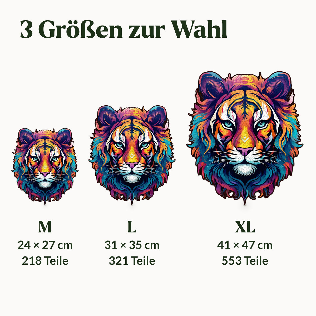 De prachtige houten puzzel ‘Majestueuze Tijger’, verkrijgbaar in drie maten op schaal: M 24 x 27 cm, L 31 x 35 cm en XL 41 x 47 cm