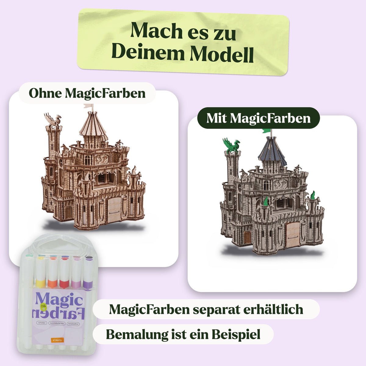 Dragon Castle Holzbausatz, naturbelassen und als Beispiel mit MagicFarben bemalt (MagicFarben separat erhältlich)